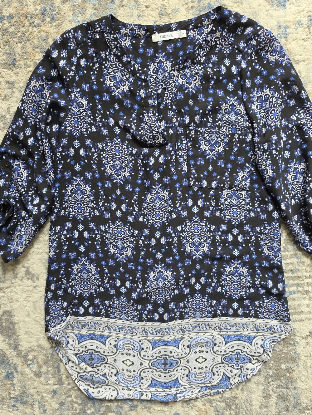 Ricki's Blue & Black Paisley Pattern Roll-Tab Sleeve Blouse